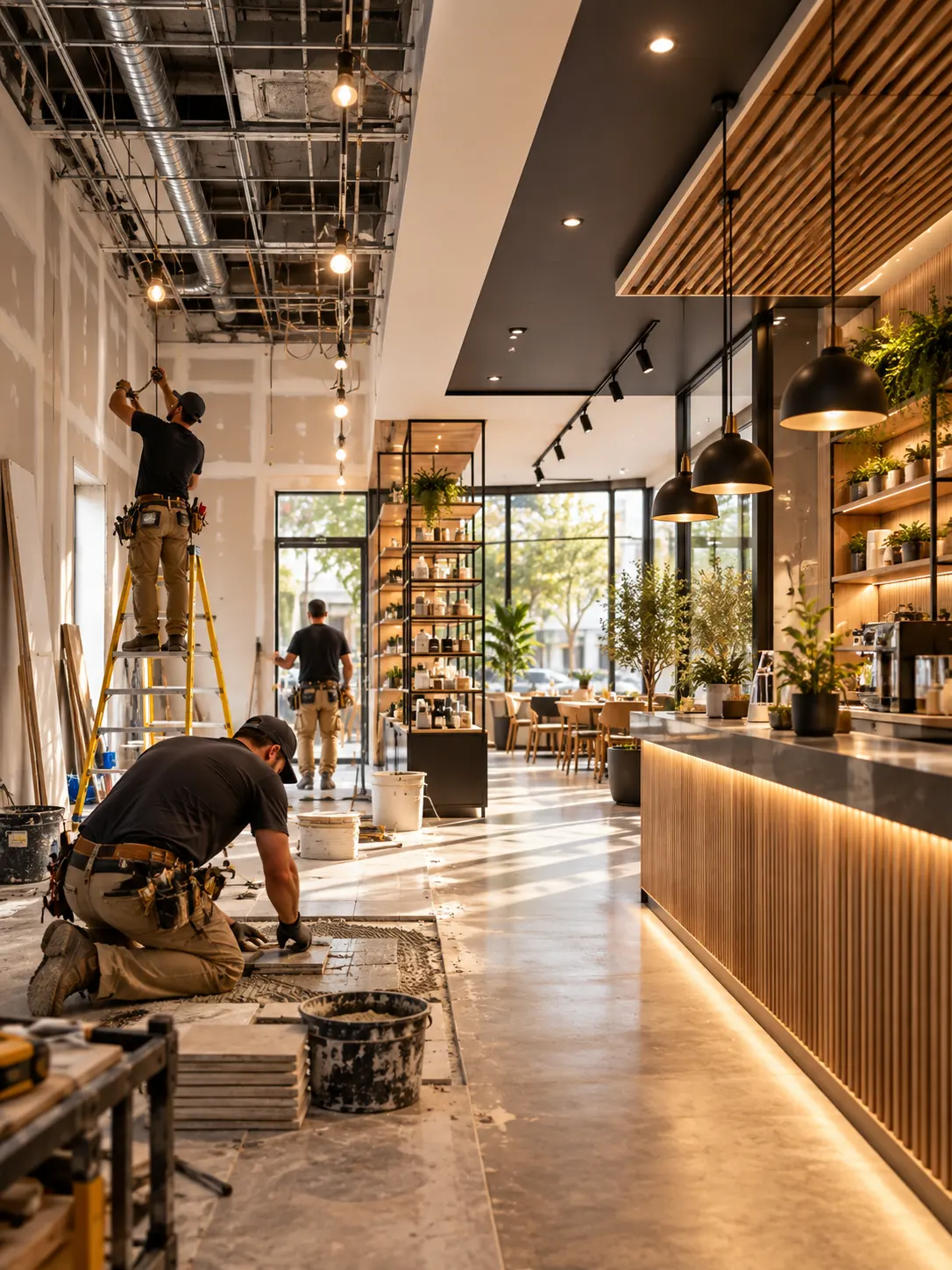 Allestimento di un bar a Lecce: posa di pavimento e impianto luci