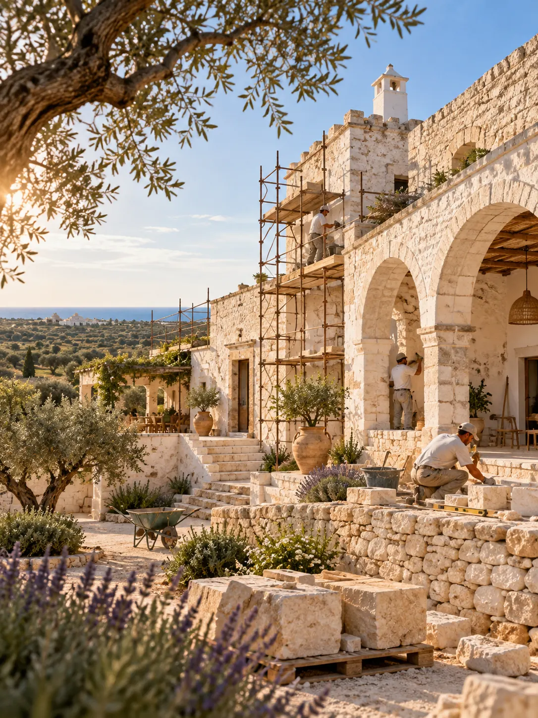 Restauro di una masseria salentina in pietra con archi e ponteggi