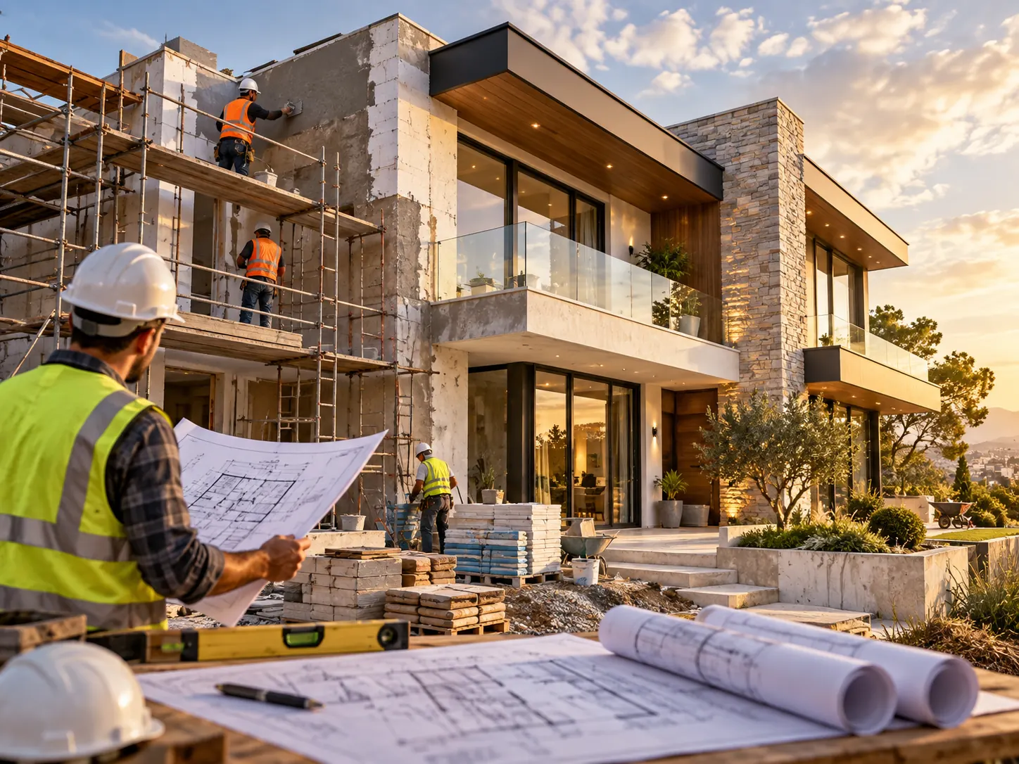 Tecnico con il progetto davanti a una villa in costruzione