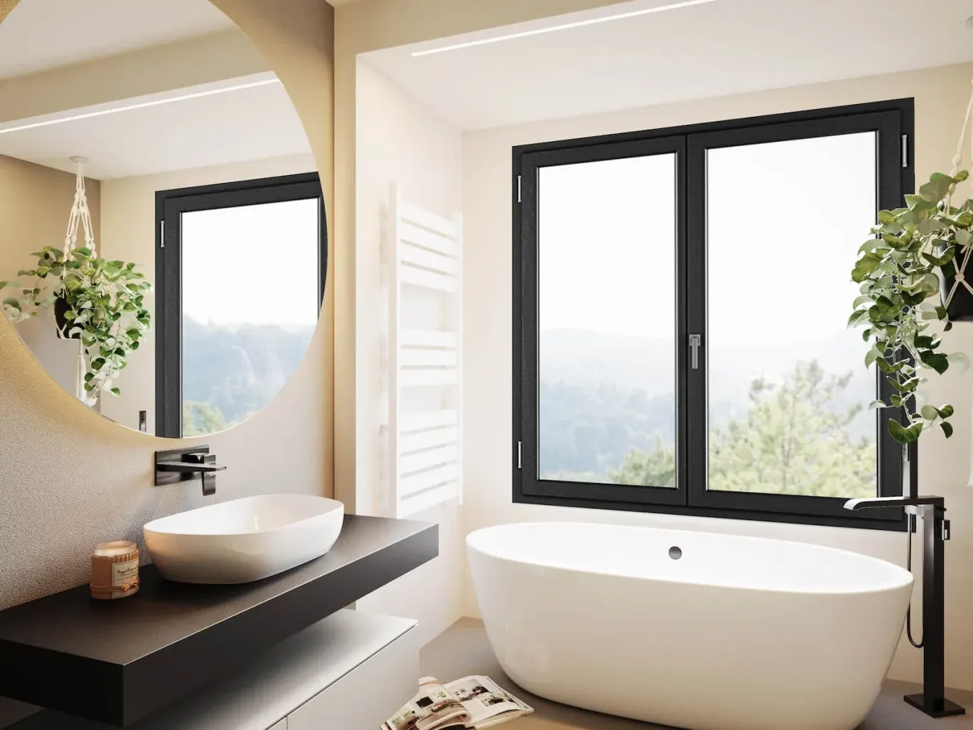 Finestra a due ante color antracite in un bagno con vasca freestanding